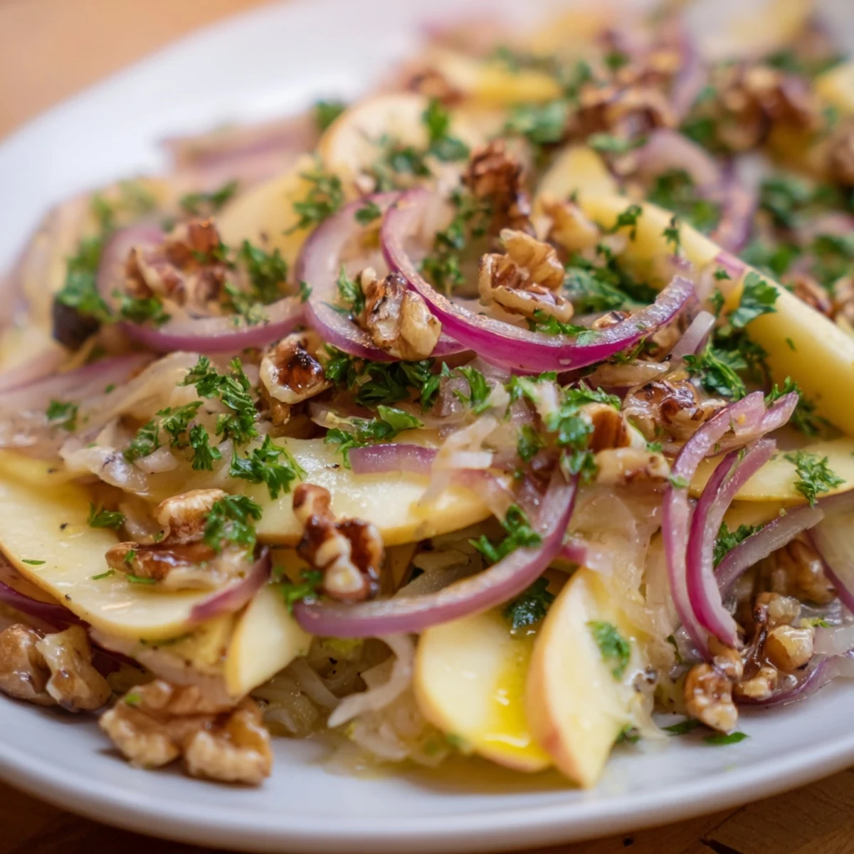 Golden Apple and Sauerkraut Skillet Salad sizzling in a cast iron skillet with caraway seeds and toasted walnuts.
