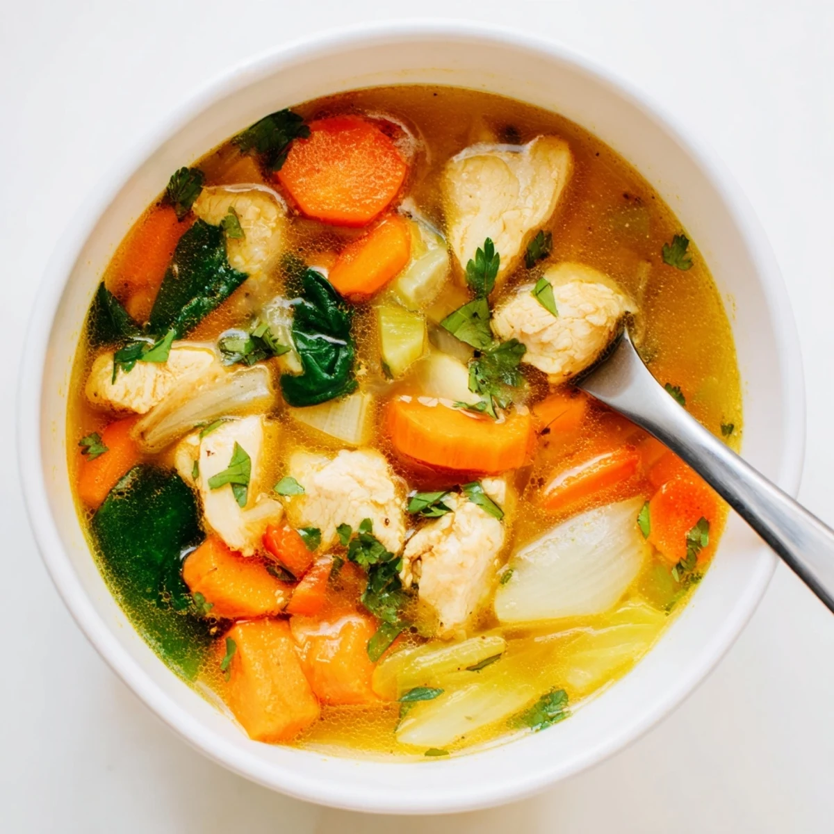 A steaming bowl of golden Turmeric Chicken Soup garnished with fresh parsley, showcasing tender chicken and vibrant carrot slices.