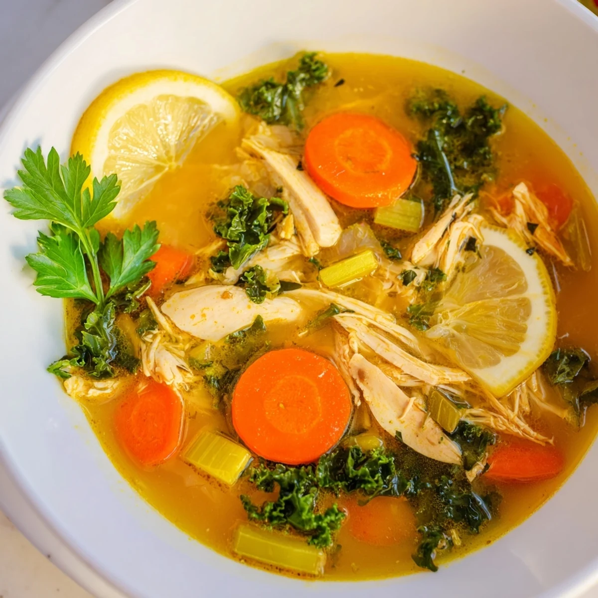 A close-up of High Protein Lemon and Turmeric Chicken Soup, featuring tender shredded chicken, vibrant baby kale, and bright lemon wedges in a golden broth.