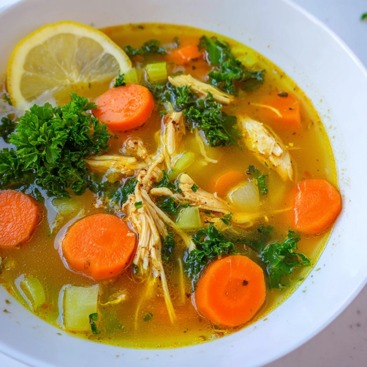 Spoon dipping into a steaming bowl of High Protein Lemon and Turmeric Chicken Soup, garnished with fresh dill and a sprinkle of black pepper.