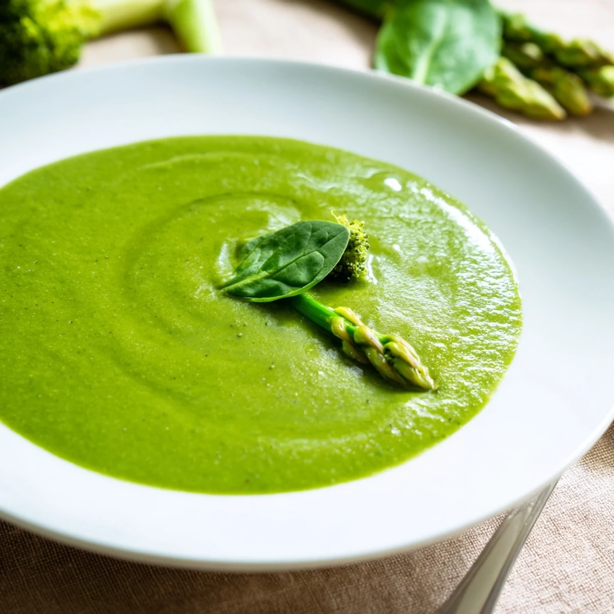A blender-ready pot of Big Green Immunity-Boosting Vegetable Soup featuring broccoli and cashew cream.
