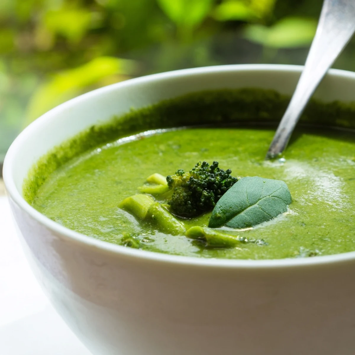 Vibrant green Big Green Immunity-Boosting Vegetable Soup garnished with olive oil, served with crusty bread.