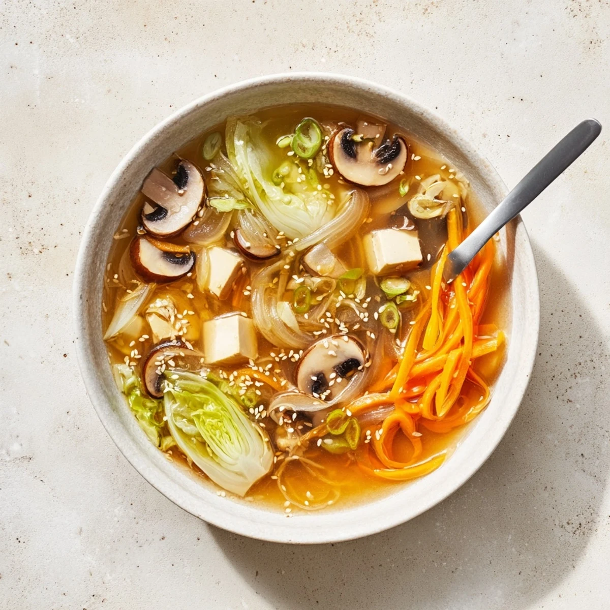 A steaming bowl of Ginger-Miso Winter Soup with tender napa cabbage and shiitake mushrooms.