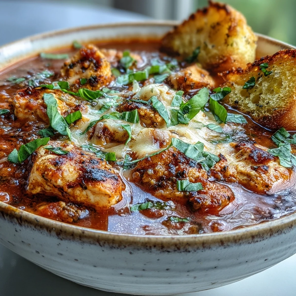 Sizzling grilled chicken simmers in a rich tomato and herb broth to create Grilled Chicken Parmesan Soup.