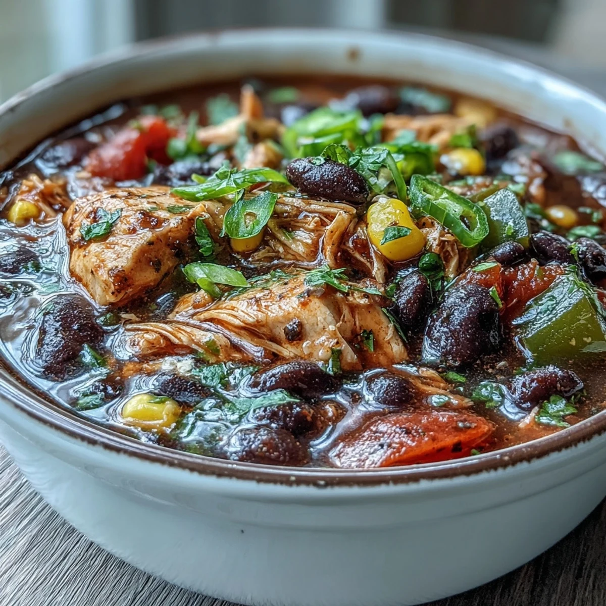 Ladle of Southwestern Turkey Soup with tender turkey, corn, and black beans, garnished with cheese and cilantro.