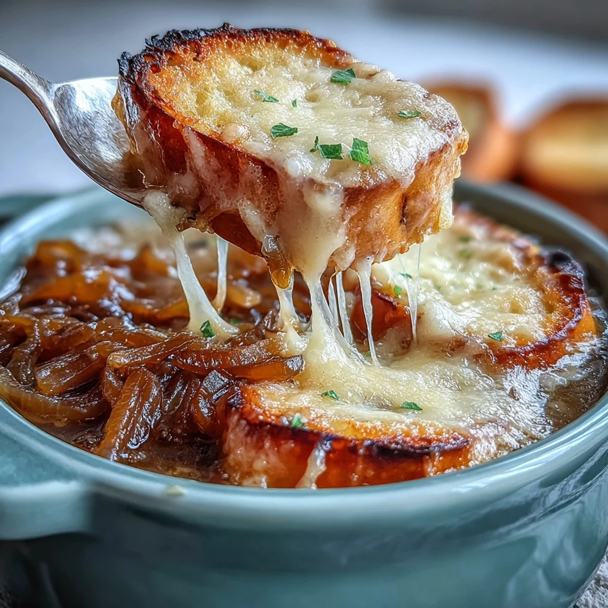 Serving hot Dutch Oven French Onion Soup with thyme garnish and melty cheese.
