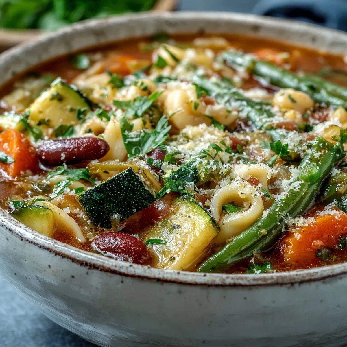 A steaming bowl of Minestrone Soup with visible chunks of carrots, zucchini, and creamy cannellini beans.