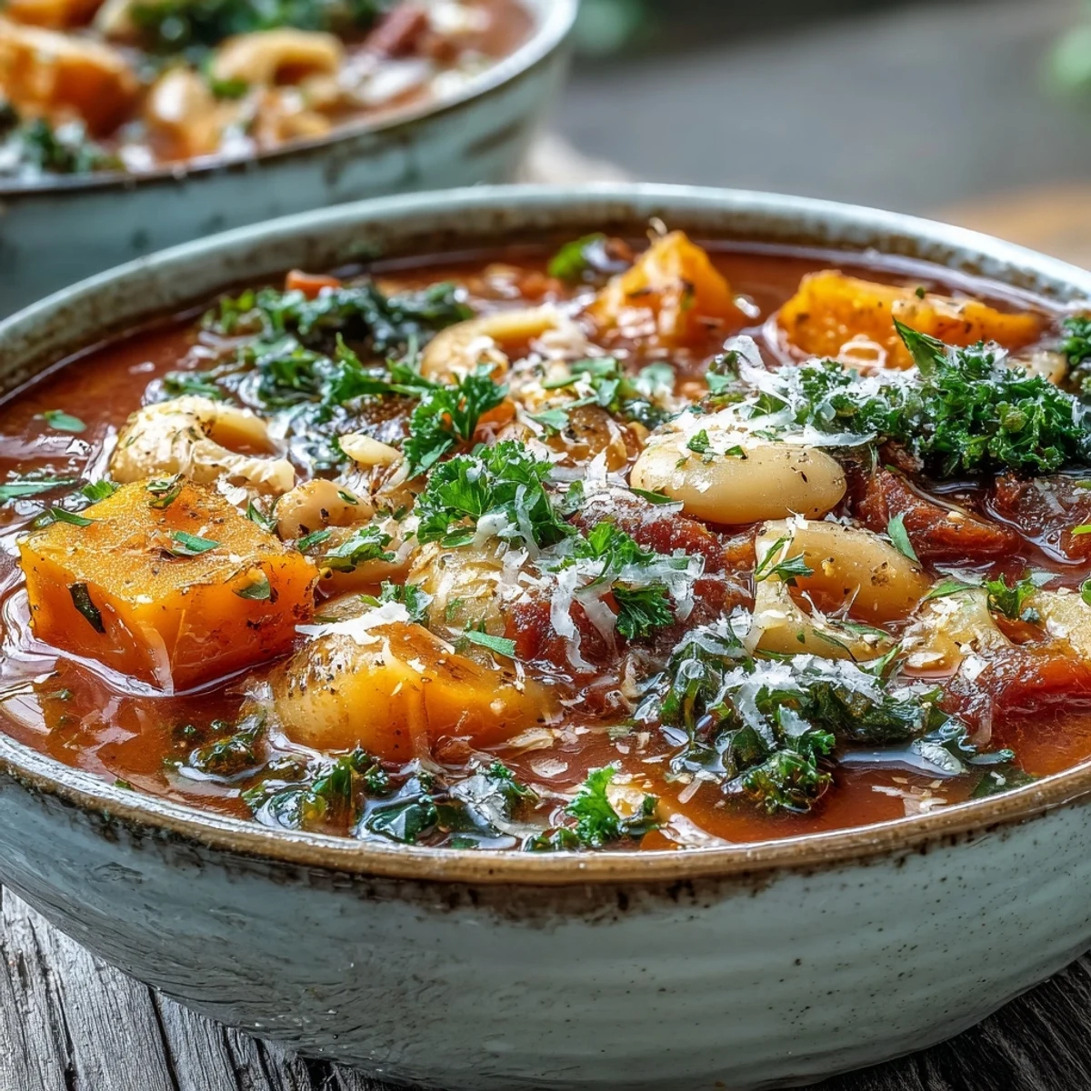 A close-up of a warm bowl of Winter Minestrone Soup with Butternut Squash and Kale, featuring tender squash cubes and bright green kale in a rich tomato broth.