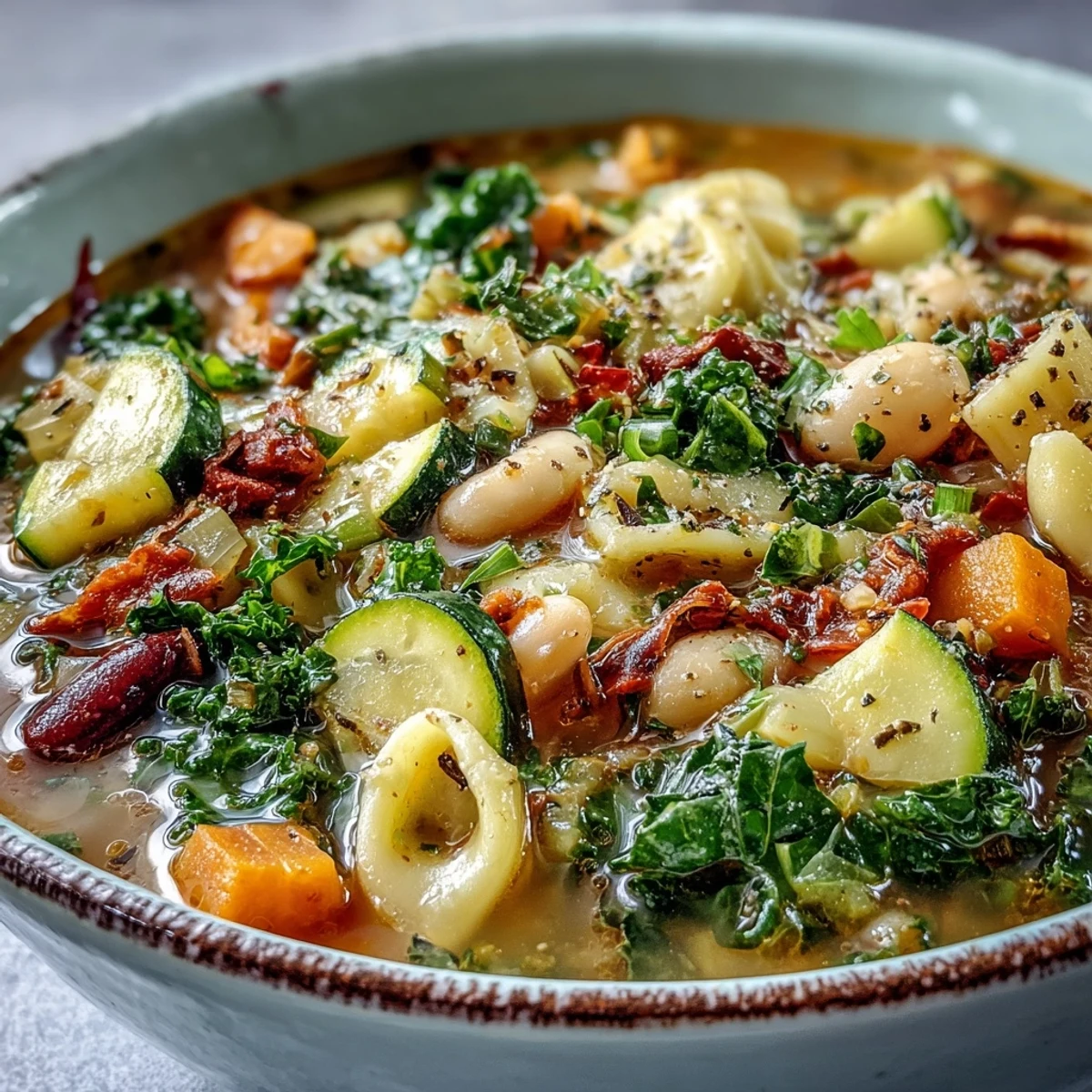 A steaming bowl of Winter Minestrone Soup with tender butternut squash, kale, and pasta, topped with fresh parsley and a side of crusty bread.