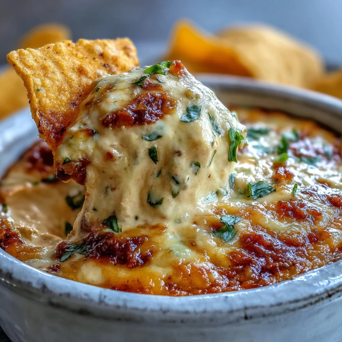 Spicy Queso Dip with diced tomatoes and jalapeños bubbling in a ceramic bowl, ready for a Super Bowl party.