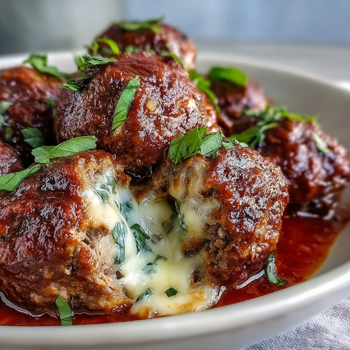 Tender, cheesy meatballs with garlic and marinara on a fork, ready to serve over spaghetti.