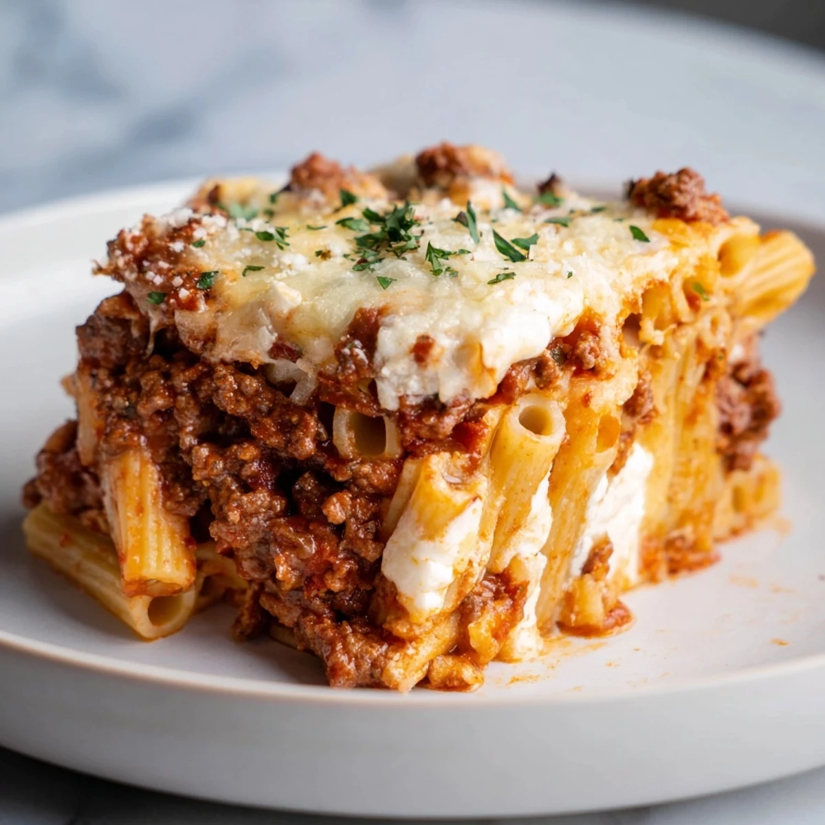 Baked Ziti with Meat Sauce: a bubbly, golden cheese crust over comforting layers of pasta and meat sauce.