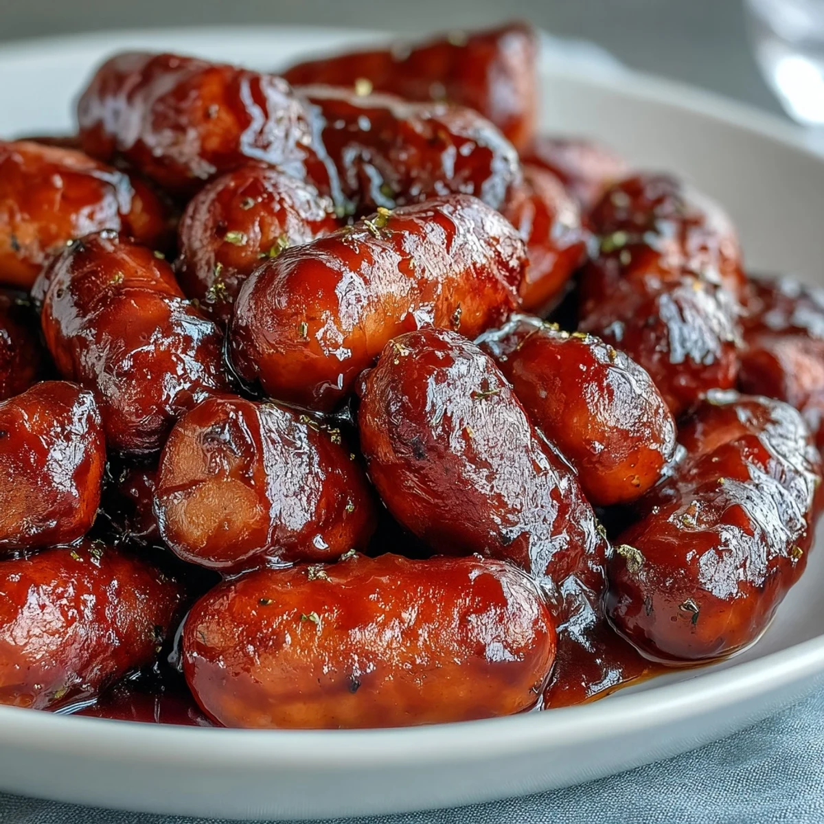 Golden Crock Pot BBQ Cocktail Sausages glisten in a sweet apricot barbecue glaze, served warm with toothpicks as an easy party appetizer.