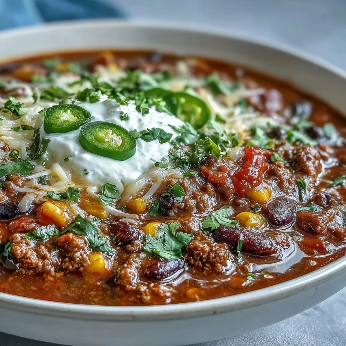 Steaming pot of Taco Soup filled with seasoned ground beef, beans, and corn, perfect for a game day gathering.