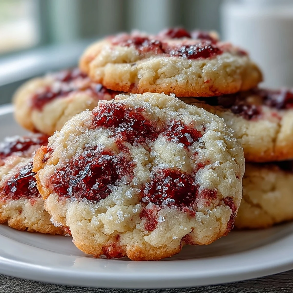 Freshly baked Soft Chewy Raspberry Sugar Cookies are arranged on a white plate, showcasing their pillowy texture and bright berry bursts.