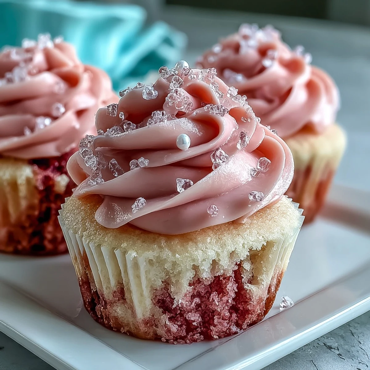 Pink Velvet Cupcakes topped with fluffy vanilla buttercream frosting and pink sprinkles on a marble countertop.