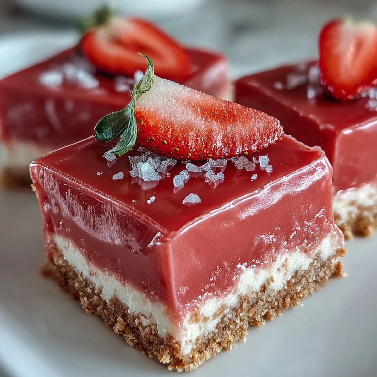 Vibrant pink No-Bake Strawberry Fudge Squares garnished with fresh berries on a rustic wooden board.