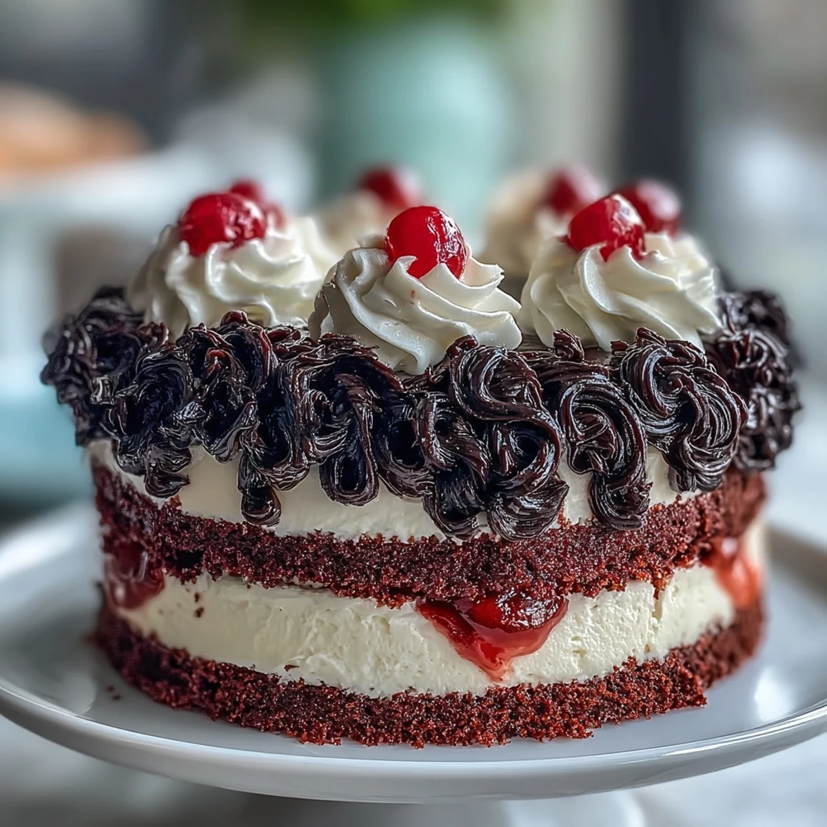 Overhead view of Betty Boop Cake showcasing shiny black fondant hair, bright white eyes, and vibrant red lips on smooth icing. 