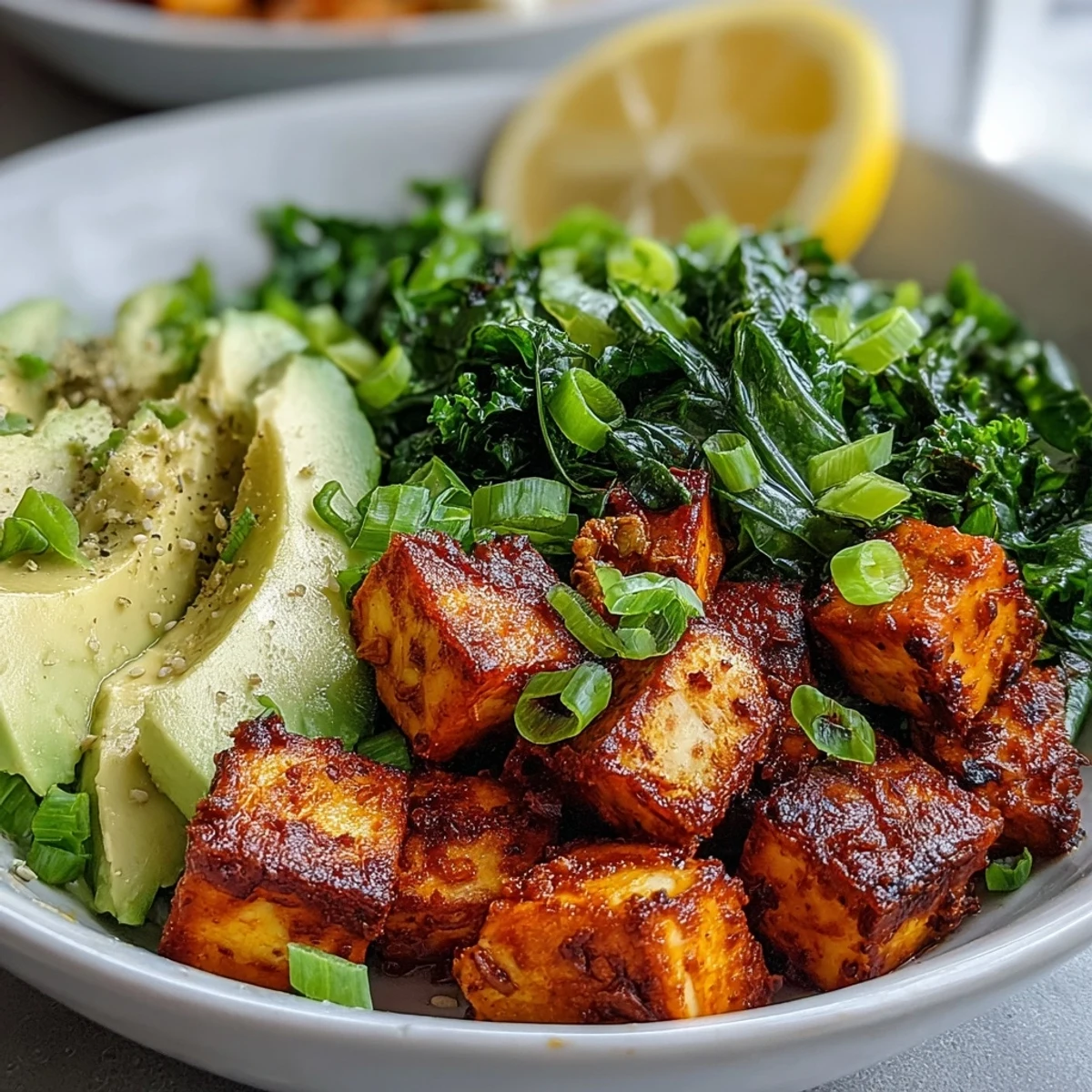 A nourishing Tofu Breakfast Bowl with Avocado and Kale, garnished with pumpkin seeds and lemon, served in a rustic ceramic bowl.