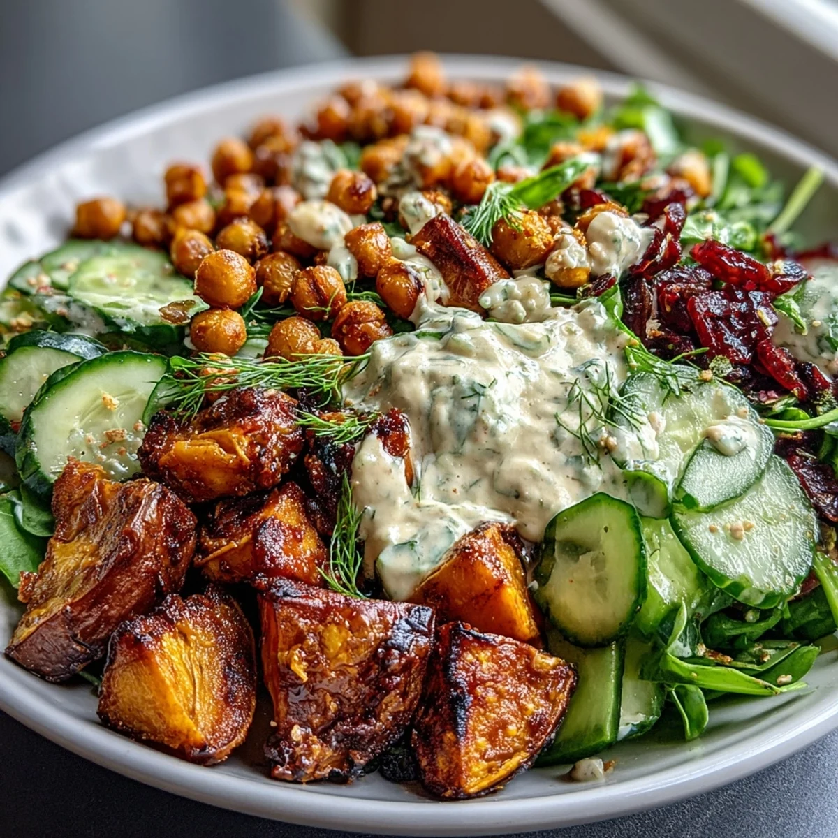 A close-up of a delicious Breakfast Buddha Bowl reveals crispy chickpeas, tender sweet potato cubes, and sliced avocado on a bed of fresh greens.