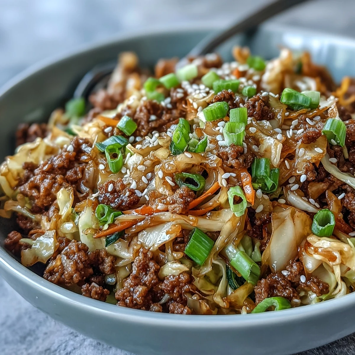 Savory soy-ginger sauce coats the shredded cabbage and ground meat in this healthy Egg Roll in a Bowl.