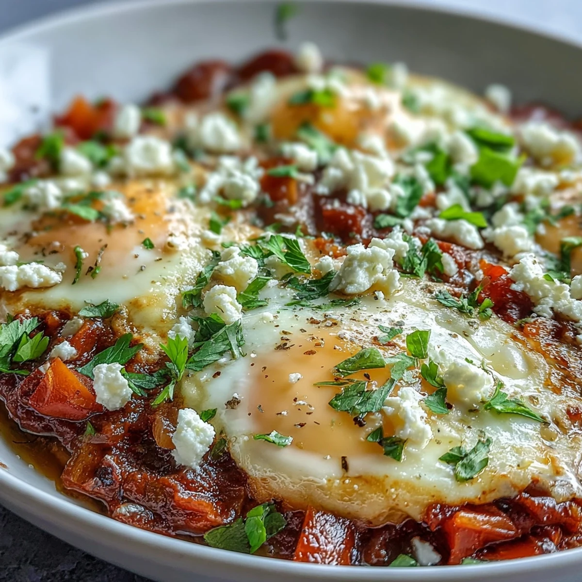 Vibrant Shakshuka Bowl with poached eggs in spiced tomato sauce, served with warm pita for dipping.