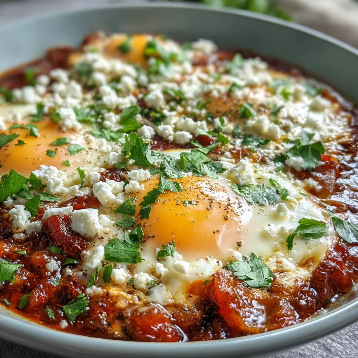Steaming Shakshuka Bowl featuring runny yolks, fresh cilantro, and crumbled feta over a rich tomato base.