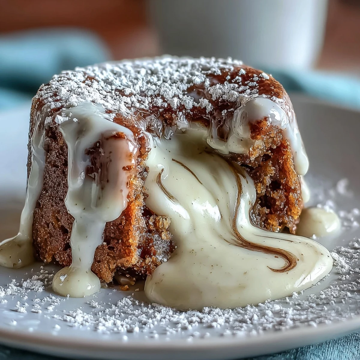 Freshly baked Hojicha White Chocolate Lava Cakes, dusted with powdered sugar and served warm on a white plate.