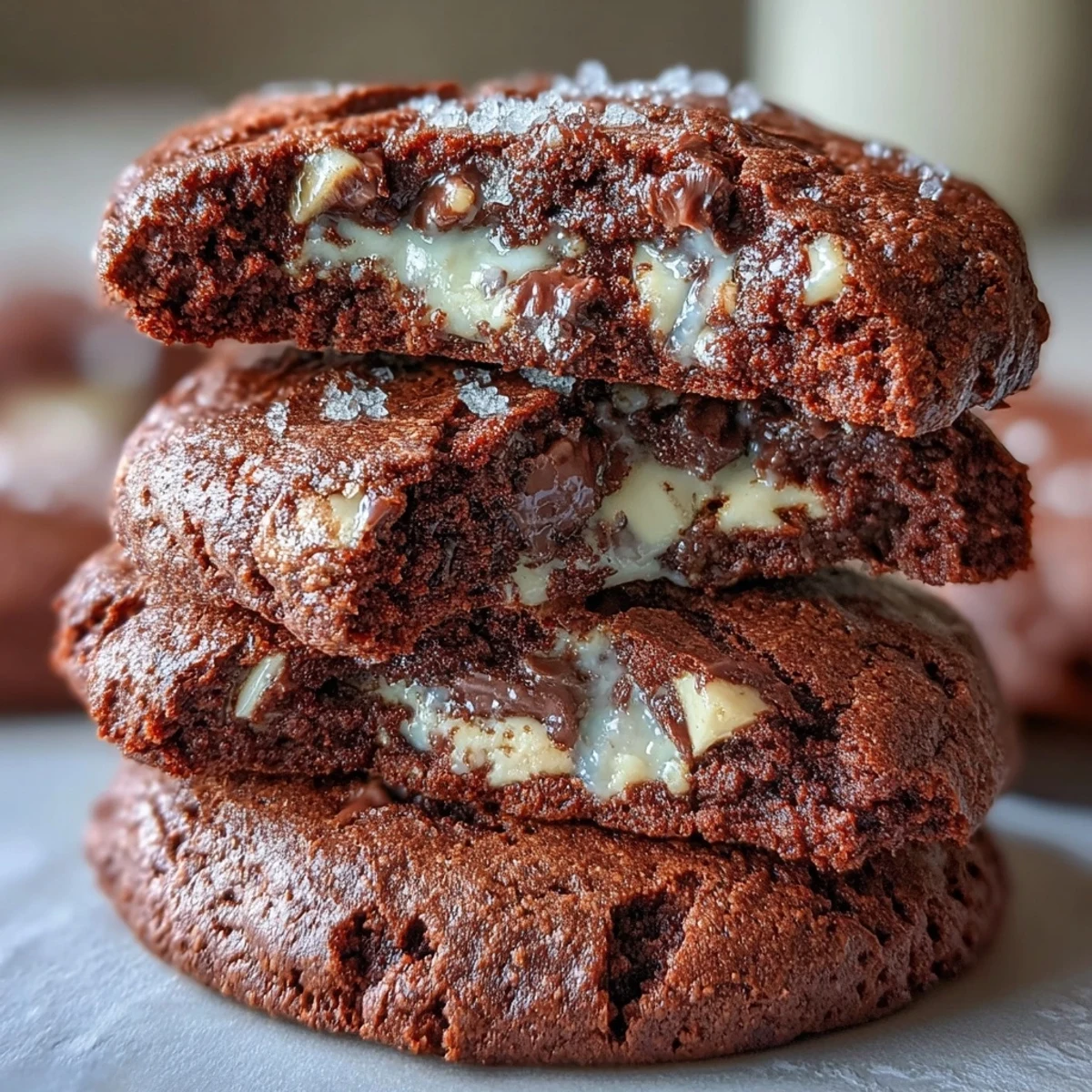 Hojicha Brownie Cookies featuring rich roasted tea specks and creamy white chocolate chips on a rustic wooden board.