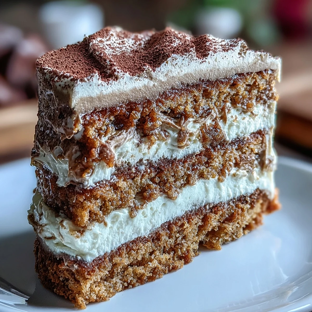 A slice of Fluffy Hojicha Cake reveals an airy genoise sponge with rich, smoky whipped cream.