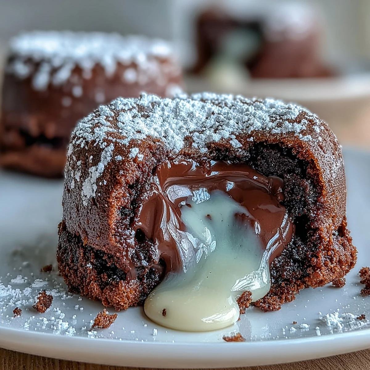 Freshly baked Hojicha Lava Cake with a molten roasted green tea ganache flowing from a white chocolate crust.