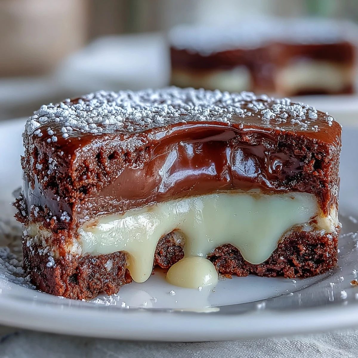 Powdered sugar dusted over a warm Hojicha Lava Cake, revealing the rich, dark roasted tea ganache inside.
