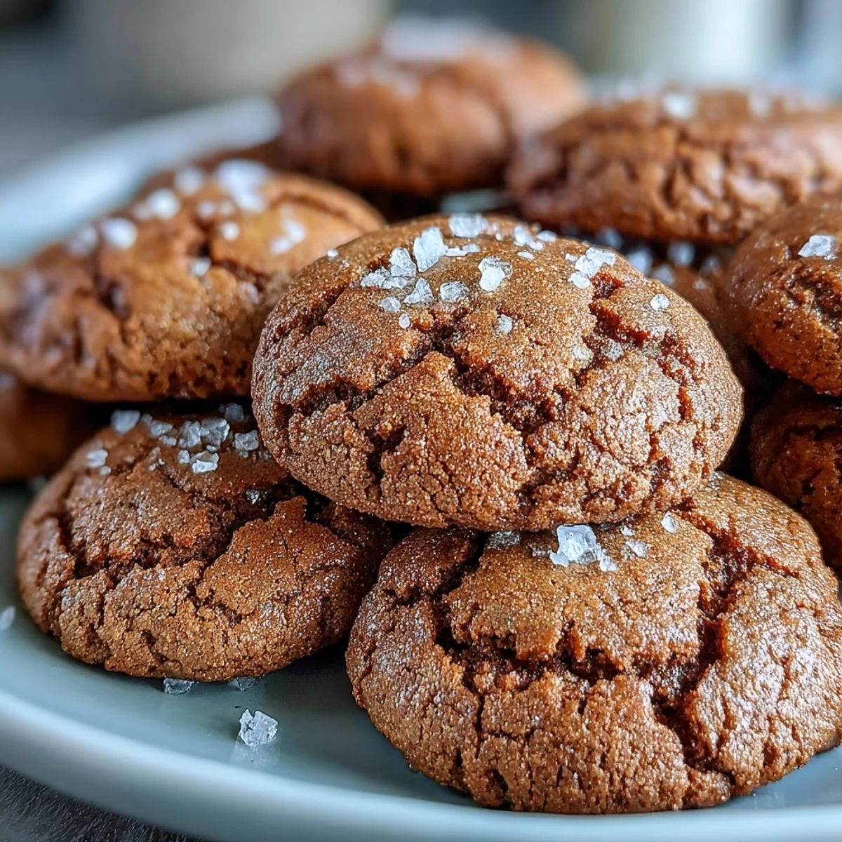 Freshly baked Hojicha Brown Butter Cookies cooling on a wire rack, sprinkled with flaky sea salt.