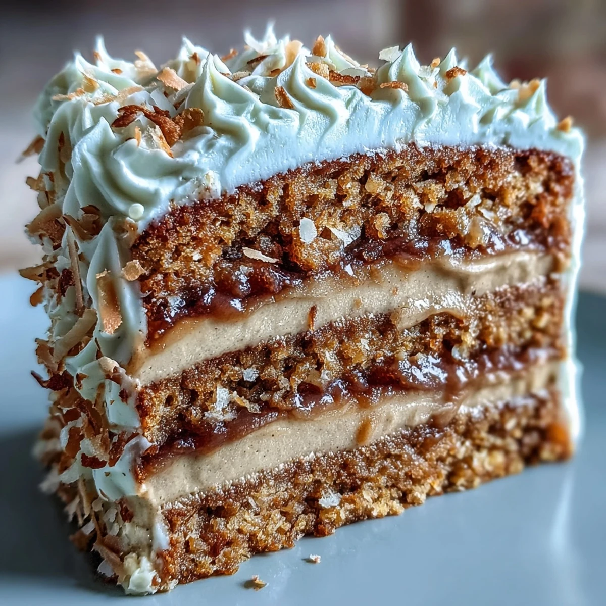 A moist gluten-free hojicha cake slice served on a white plate with coconut frosting layers.