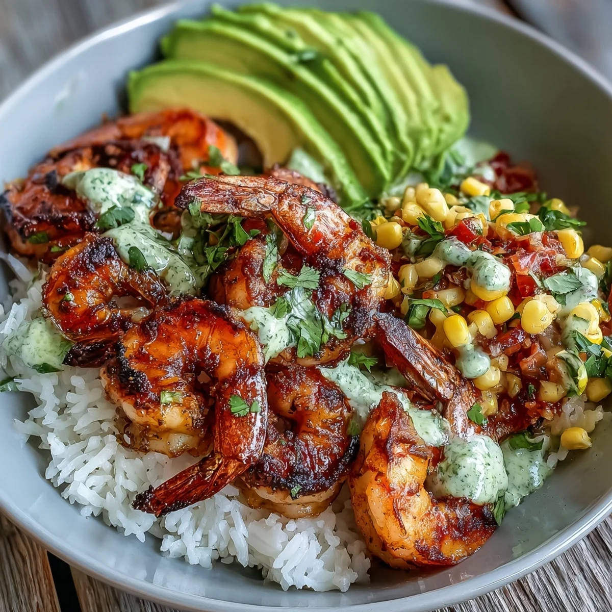 Colorful grilled shrimp bowl with avocado, fresh corn salsa, and creamy garlic sauce served over a bed of fluffy rice.