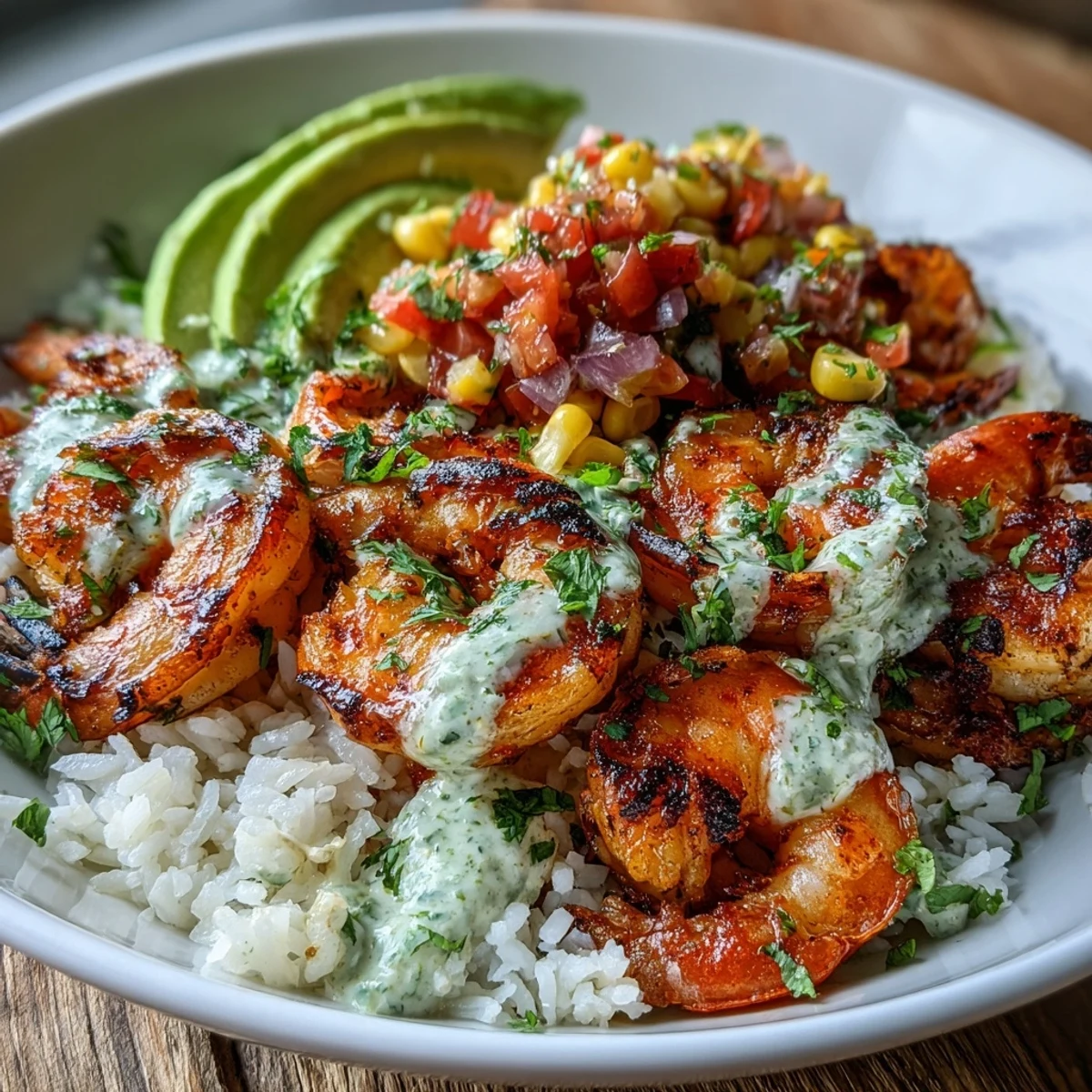 Sizzling grilled shrimp topped with creamy avocado and zesty corn salsa, finished with a generous drizzle of garlic sauce.