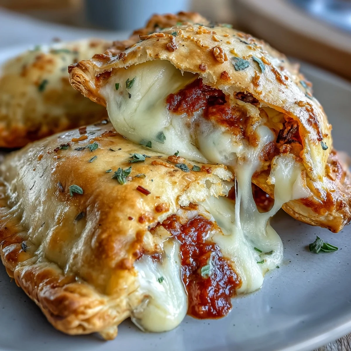 Freshly baked High Protein Pizza Hot Pockets sit on a wire rack, steaming slightly with visible herbs and bubbling cheese filling.