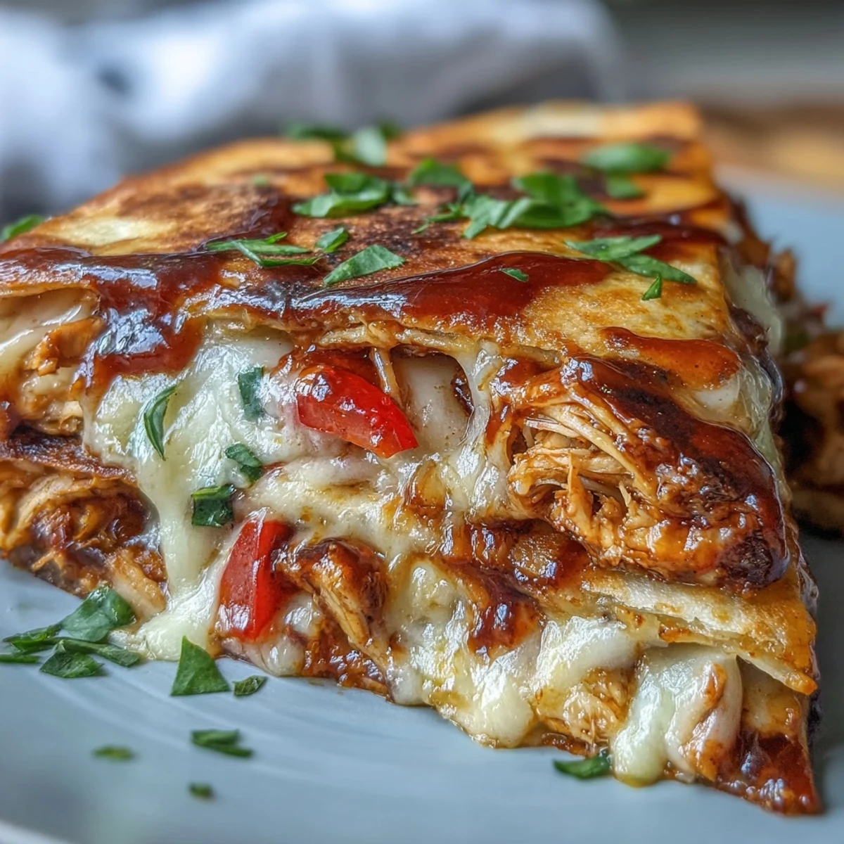 Fresh cilantro garnishes these Hot Honey BBQ Chicken Quesadillas, served with creamy sour cream and guacamole for dipping.