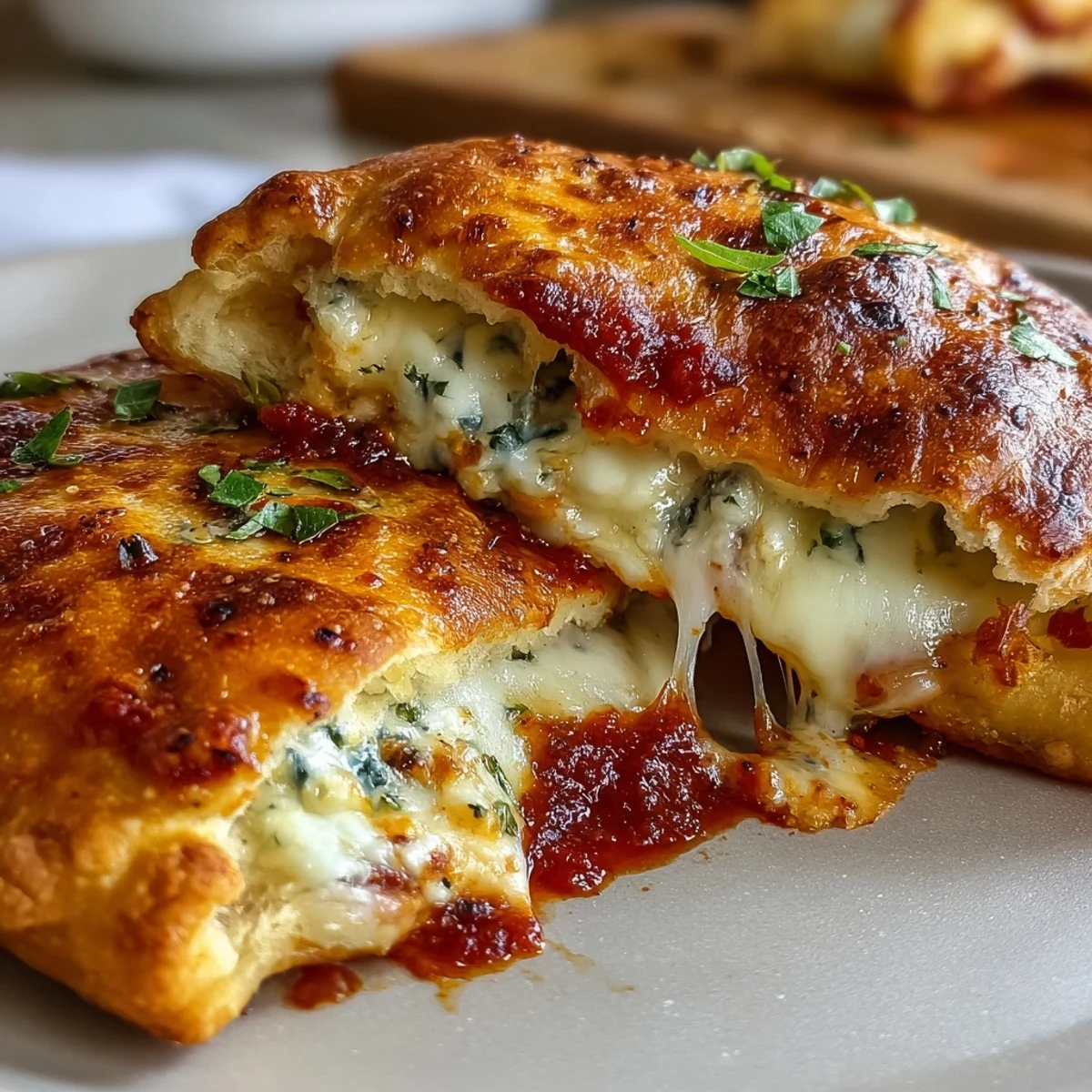 High Protein Pizza Hot Pockets arranged on a white plate, garnished with fresh basil and ready to enjoy.