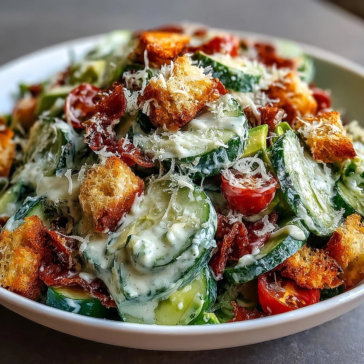 Freshly tossed Cucumber Caesar Salad with sliced cucumbers, diced avocado, cherry tomatoes, and herbs on a marble counter.
