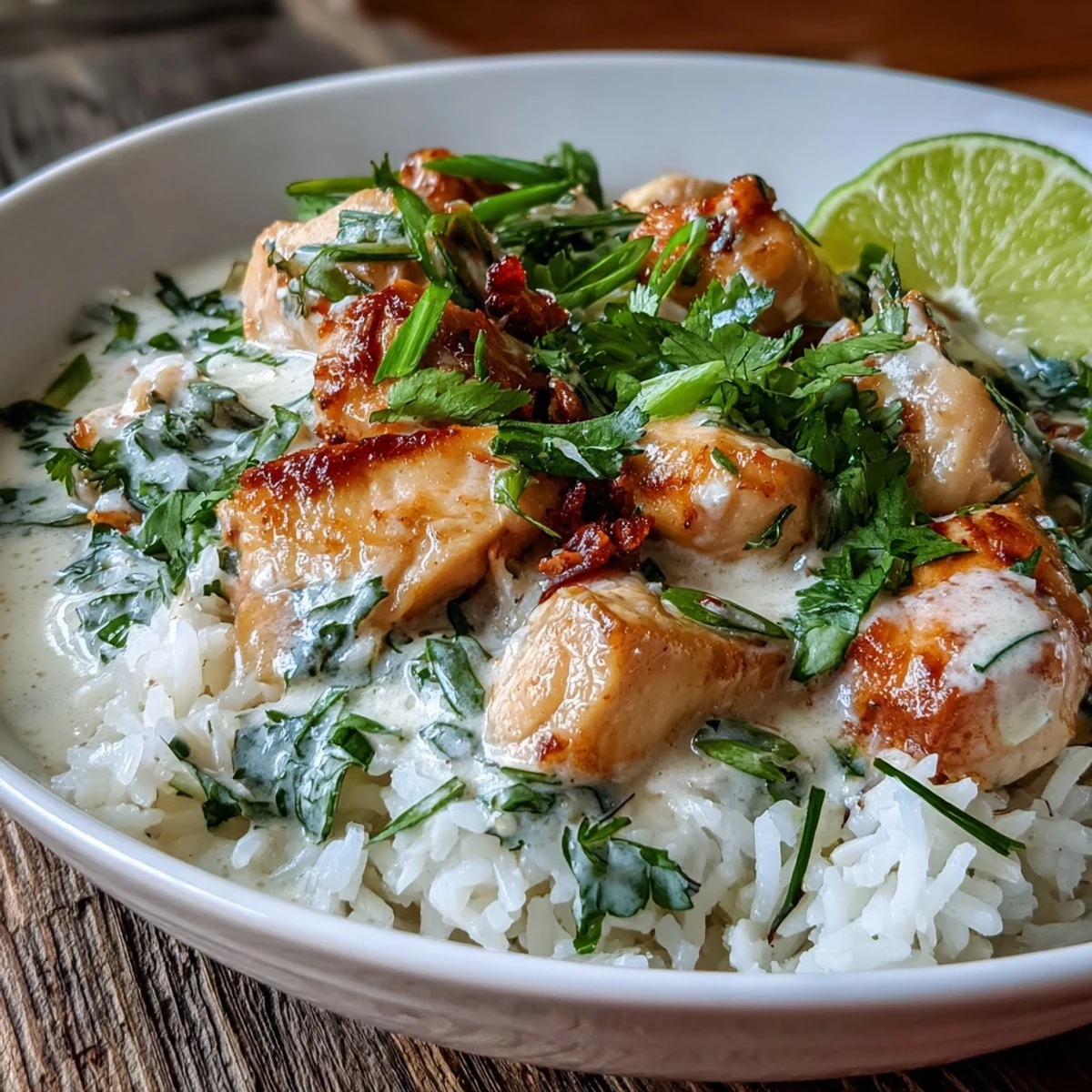 Close-up of a Coconut Chicken Rice Bowl highlighting succulent chicken pieces in rich coconut sauce on jasmine rice.