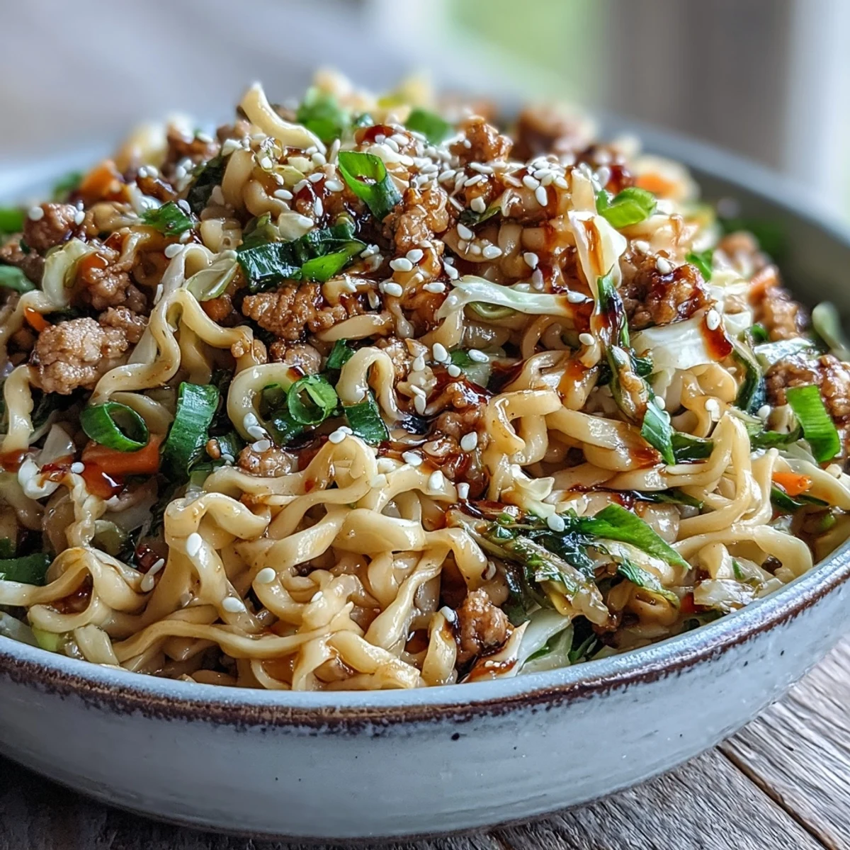 Creamy Potsticker Noodle Stir-Fry served warm in a bowl, garnished with sesame seeds and scallions for a comforting dinner.
