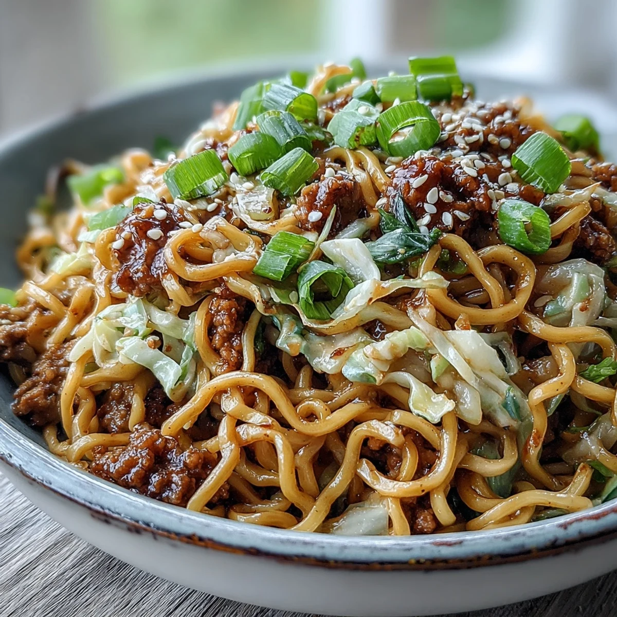 Spicy chili crisp and fresh scallions top a hearty bowl of Creamy Potsticker Noodle Stir-Fry, perfect with chopsticks.