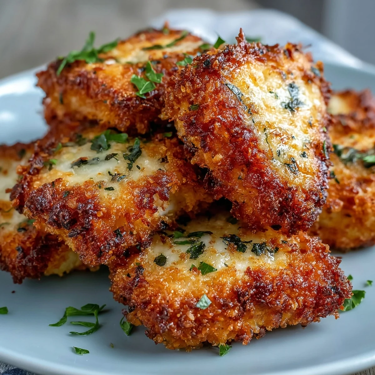 Baked Asiago Panko Chicken Bites arranged on a platter with marinara for dipping.