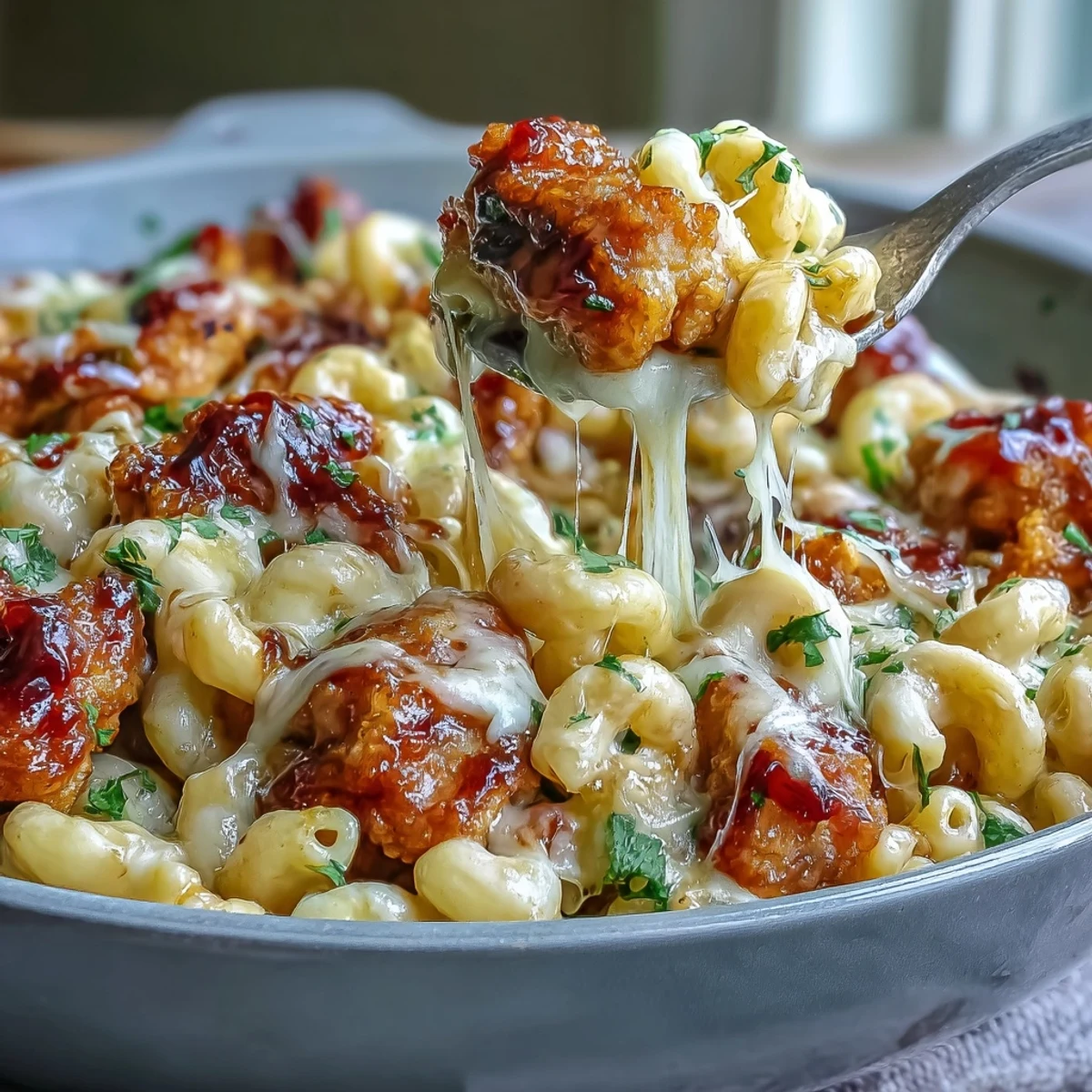 A close-up of the Sticky Honey BBQ Chicken Pasta Skillet garnished with fresh parsley and green onions.