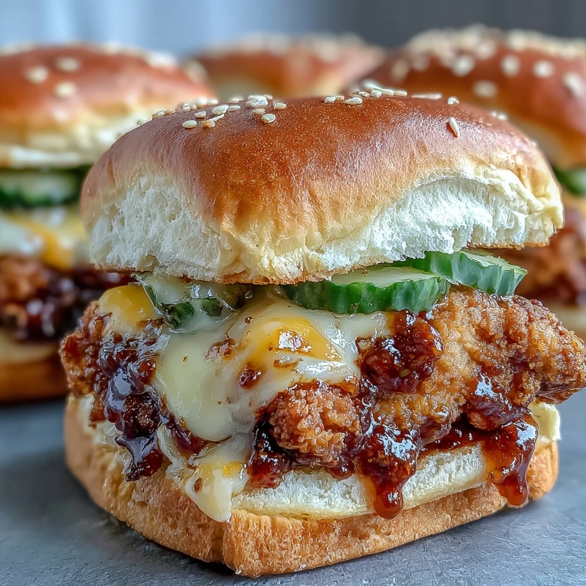 A close-up view of the Spicy Honey Butter Chicken Sandwich Bake shows juicy pulled chicken under a blanket of gooey cheese, ready to be pulled apart for game day.