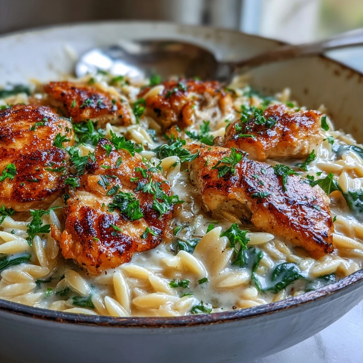 Golden seared chicken pieces and tender orzo in a creamy garlic Parmesan sauce, garnished with spinach and parsley in a rustic skillet.