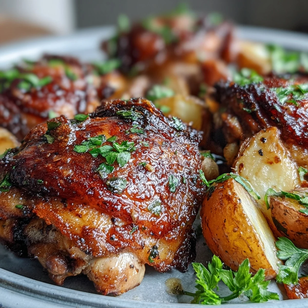 Golden, crispy-skinned ranch chicken thighs roast beside tender potatoes and sweet carrots on a single sheet pan.