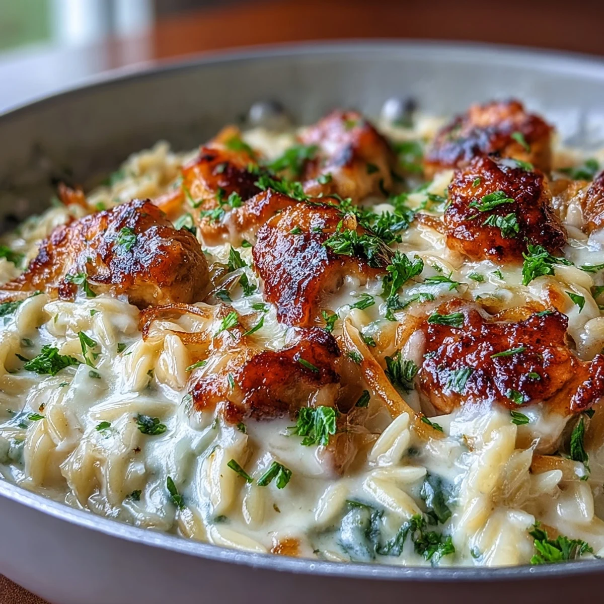 Topped with fresh parsley and extra Parmesan, this One-Pot Creamy Garlic Parmesan Chicken Orzo invites a hearty meal.