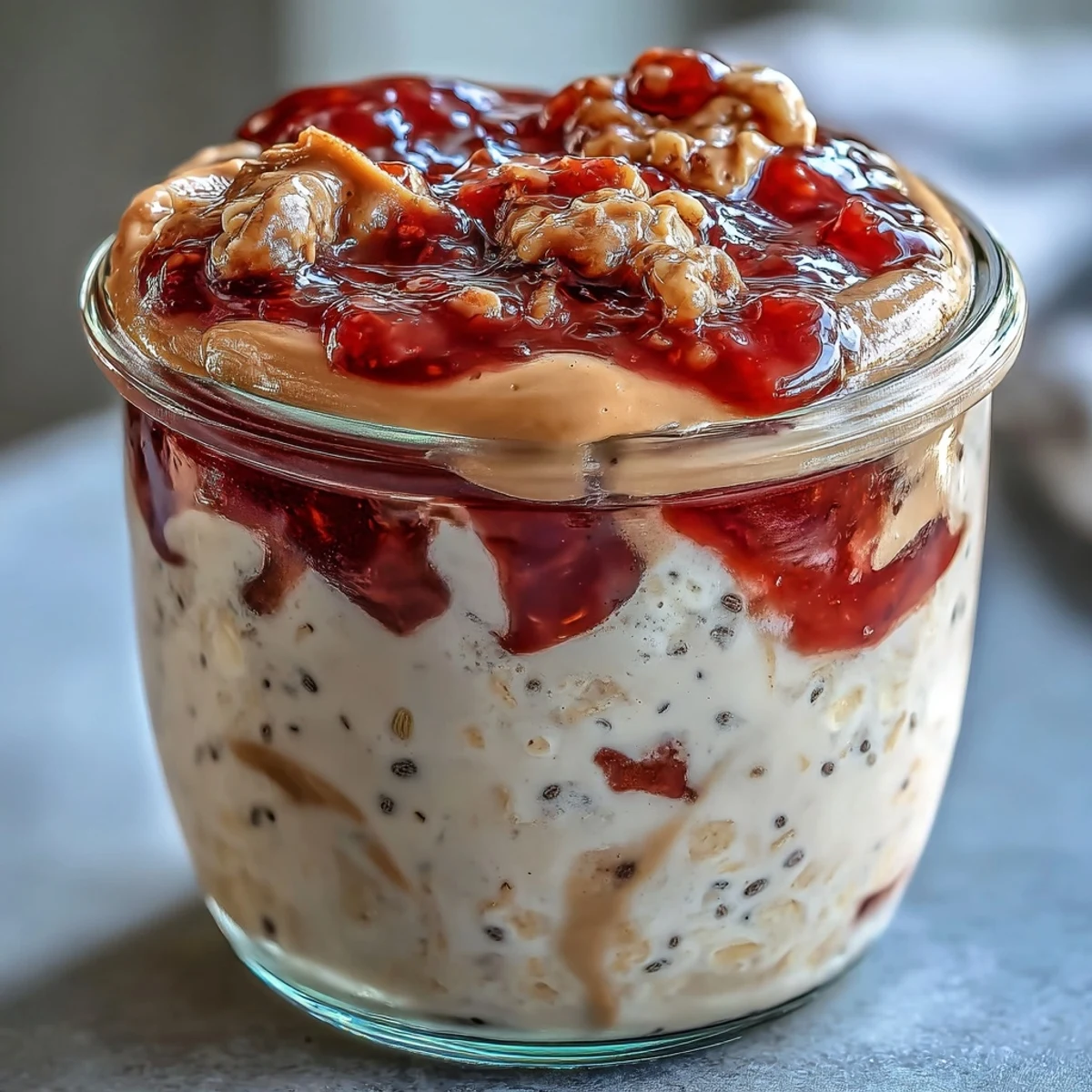 Thick and creamy High-Protein Peanut Butter & Jelly Overnight Oats topped with fresh berries and chopped peanuts.